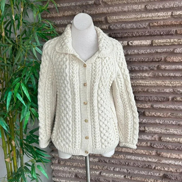 Vintage Fisherman Knit Handmade Cable Knit Collared Cardigan Sweater - Picture 1 of 8